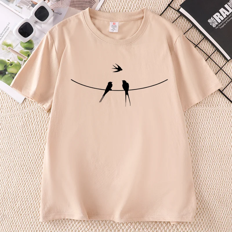 Birds on Wire T Shirt Women Casual Natural Lover T-Shirt Casual Round Neck Print Short Sleeve Tshirts Wo Clothing
