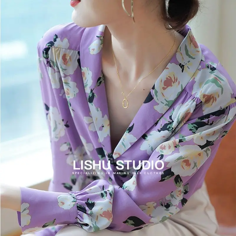 Purple V-neck Long Sleeve Shirt Women's Spring/summer 2023 New Print Top Loose Shirt