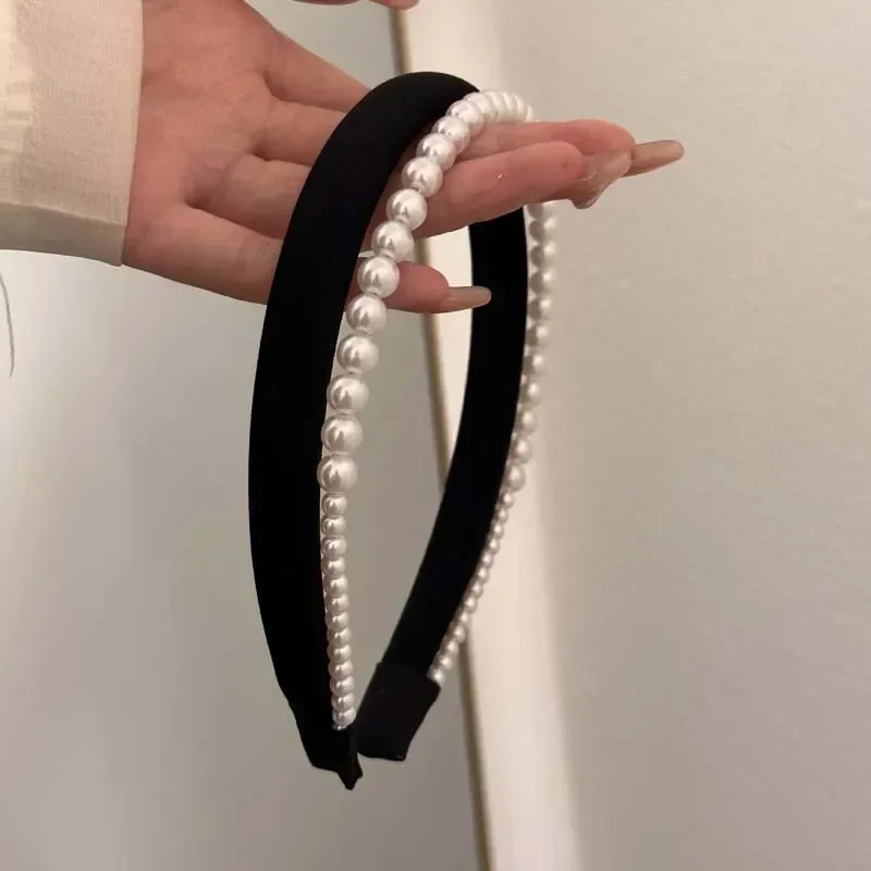 Narrow Satin Pearl Double-Layer Headband for Women Hair Band Retro Elegant Black White Sponge Hair Hoop Wedding Hair Accessories