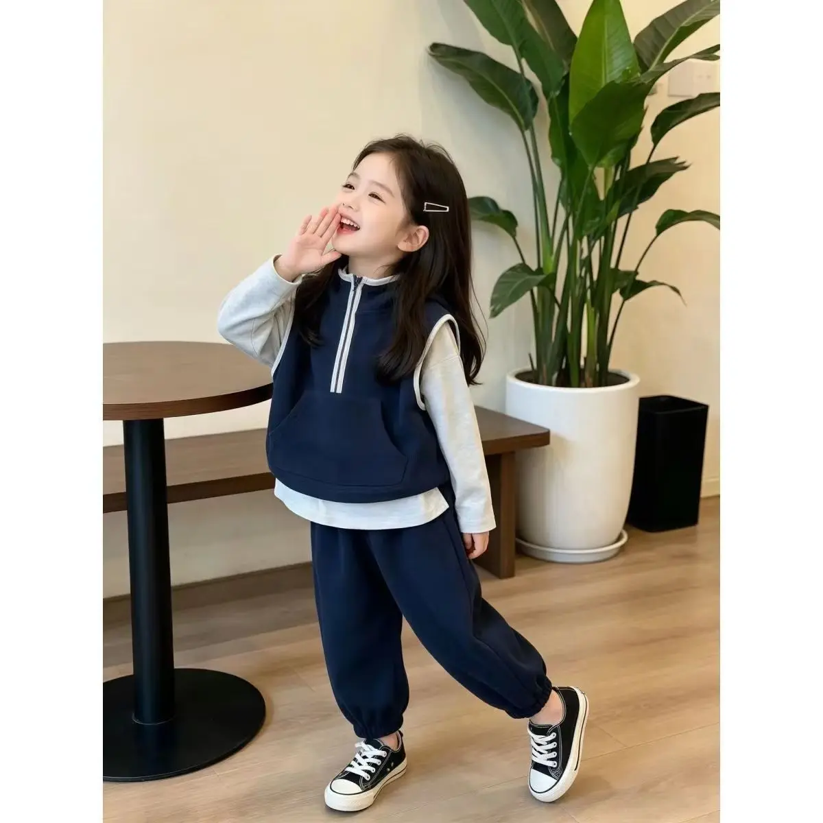 Boy Girl Baby Cotton Hood 3piece Set 1-8 Years Layer Outfit Half-zip Vest Long-sleeve Undershirt Long Pants Children Clothes
