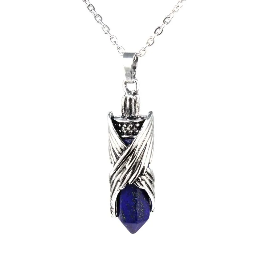 Crystal Archangel Angel Necklace Natural Amethyst Lapis Lazuli Hexagon Prism Tiger Eye Stone Pendant Silver Color Chain Jewelry