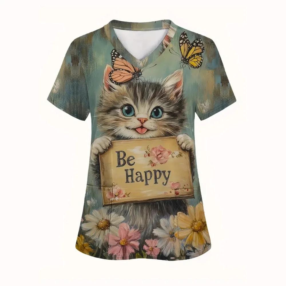 Uniforme de gommage pour femme, imprimé chat, col en v, avec poche, uniforme clinique, hauts microélastiques, uniformes chirurgicaux vétérinaires, été