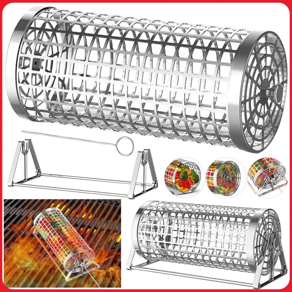 2/5Pcs Round Mesh Barbeque Grill Stainless Steel Cylinders-Net Tube Barbecue Cage Multifunction for Fish Shrimp Meat