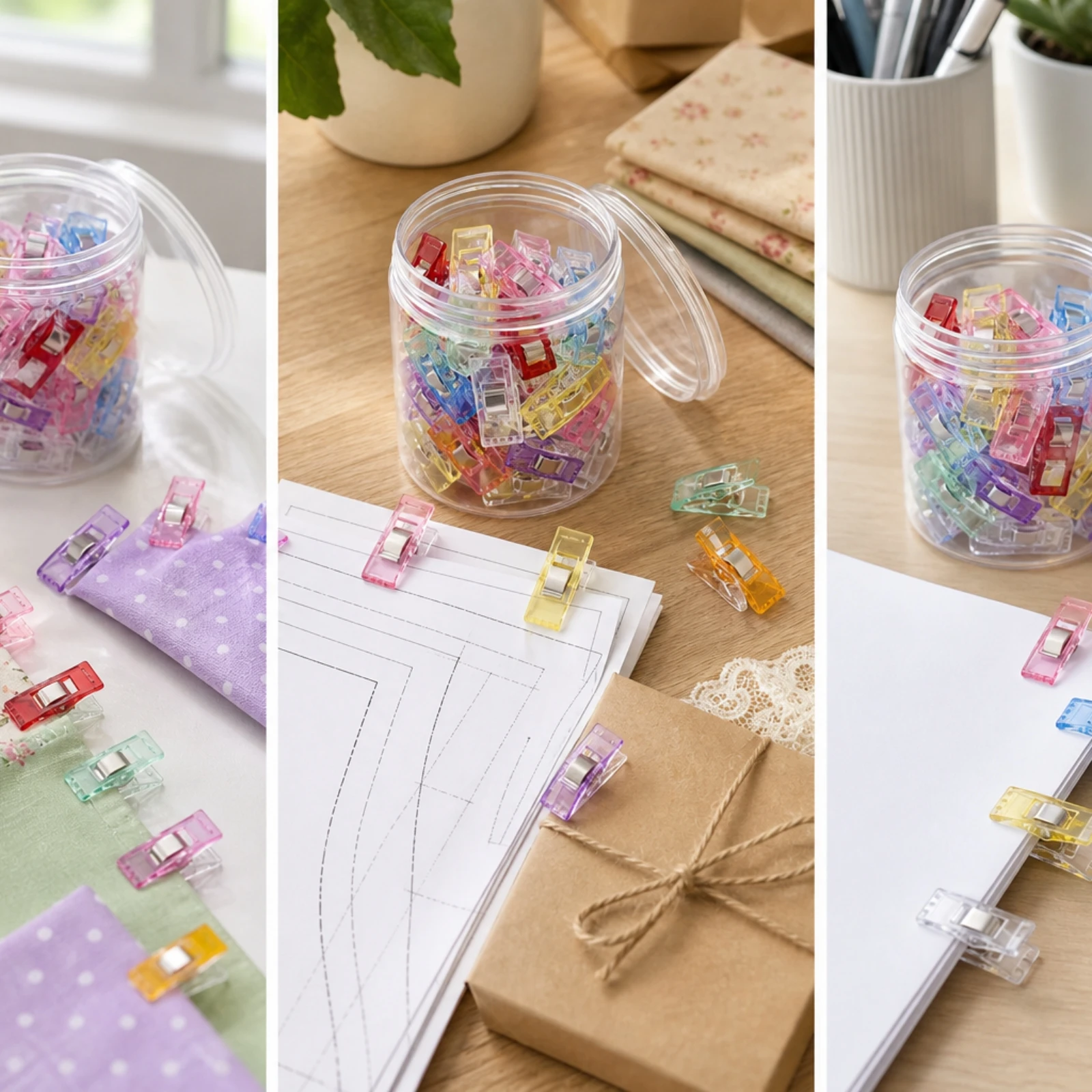 50 Pieces Sewing Clips with Storage Jar Translucent Clips with Flat Bottom Transparent Non-Slip for Quilters, Quilting