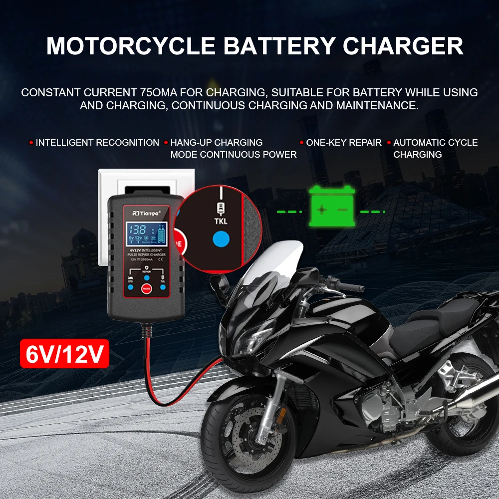 30W Motorcycle Battery Chargers Clip/Ring Adapter Digital Pulse Repair Storage Cell Toys Batteries Car Charger 6V 12V Universal