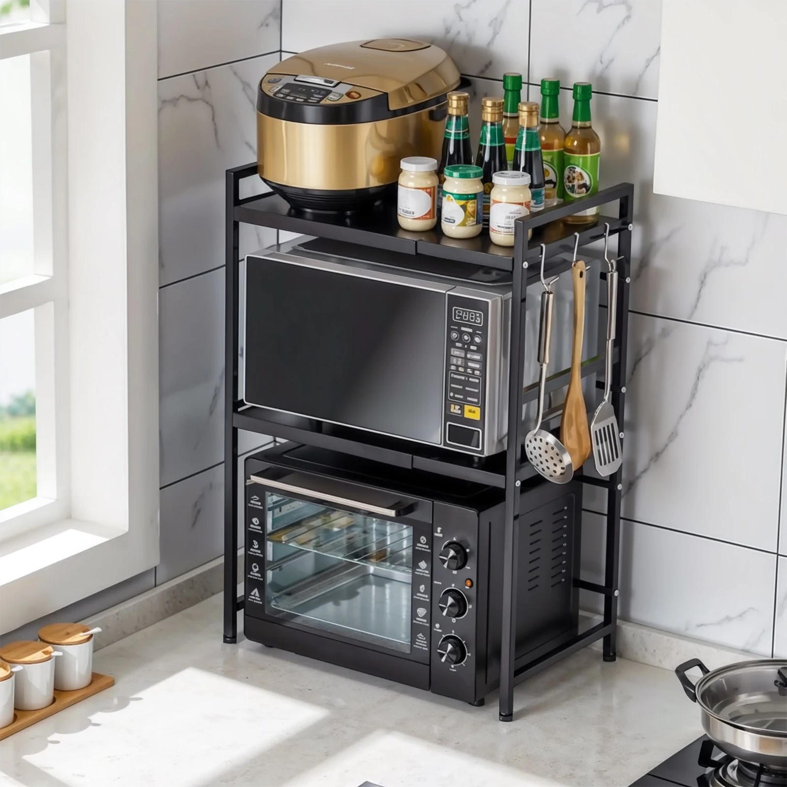 

2 Tier Microwave Oven Rack with Hooks Microwave Stand Retractable Oven Organizer Shelf for Countertop Kitchen Utensils Tableware