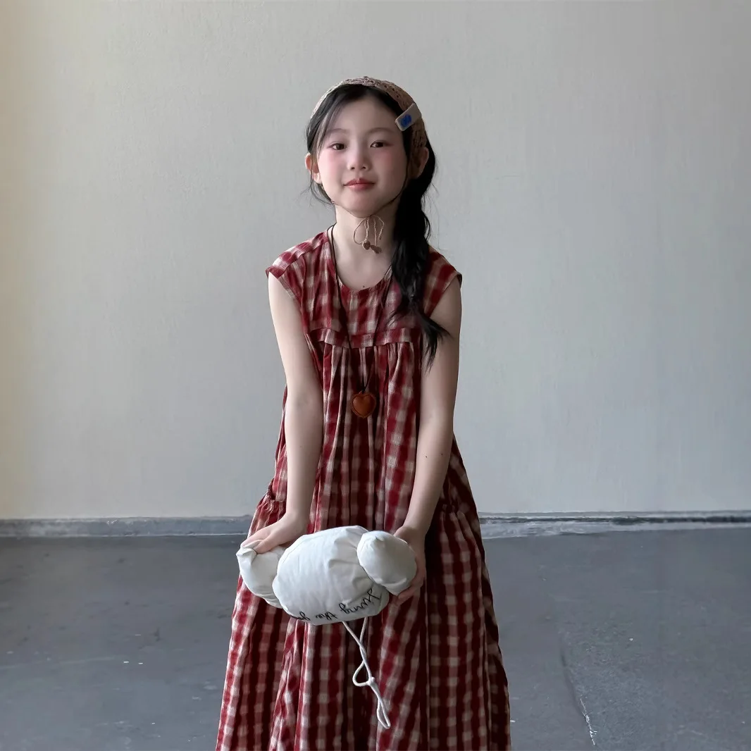 Girls Plaid Dress Korean Style Kids Cotton Midi Long Dress 2026 New Kids Girls Summer Long Sundress