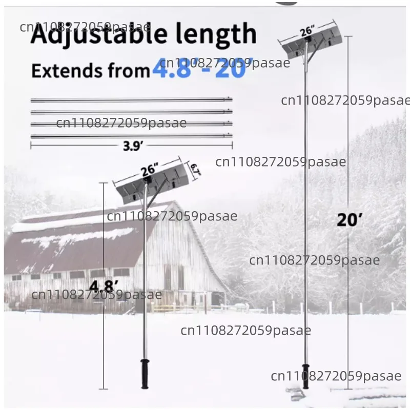 Roof Snow Rake Extendable Removal Tool Aluminium Alloy with Two Wheels Snow Pusher for Driveway Dribs Snow House Roof Wet Leaves