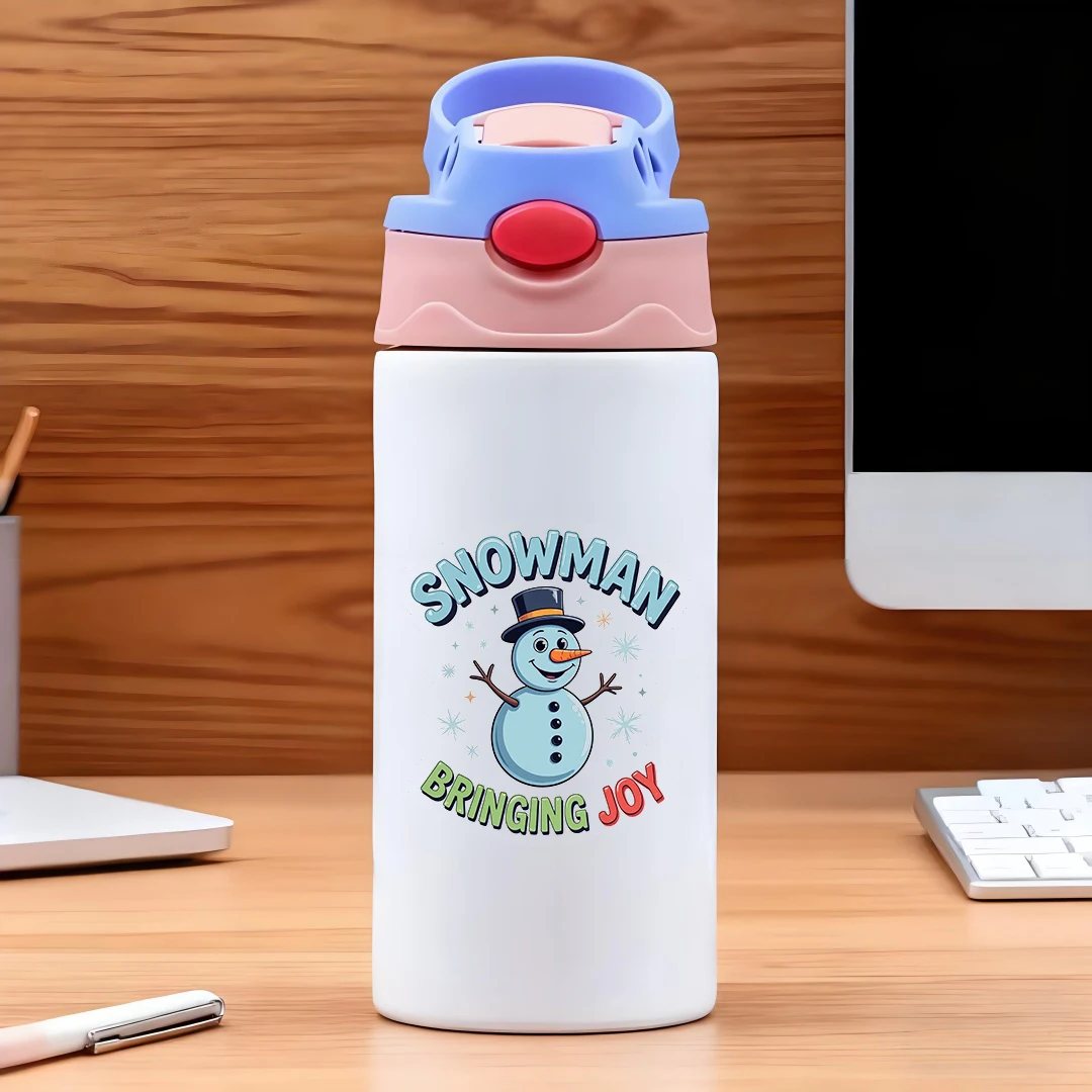 Isolierter Becher aus Edelstahl 304, + Strohbecher mit Cartoon-Schneemann-Muster, tragbare Wasserflasche für Kinder, Weihnachtsgeschenk für Kinder