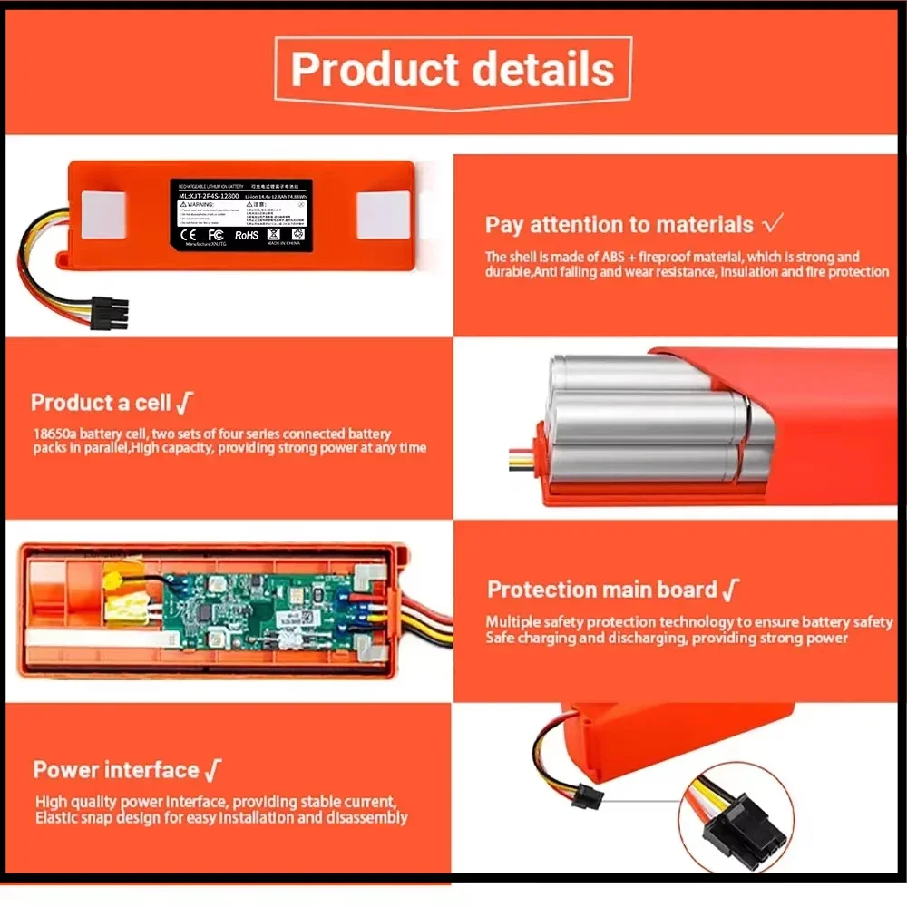 2025 NewOriginal14.4V Li-ion Battery RoboticVacuum CleanerReplacement Battery for Xiaomi Robot Roborock S50S51S55Accessory Spare