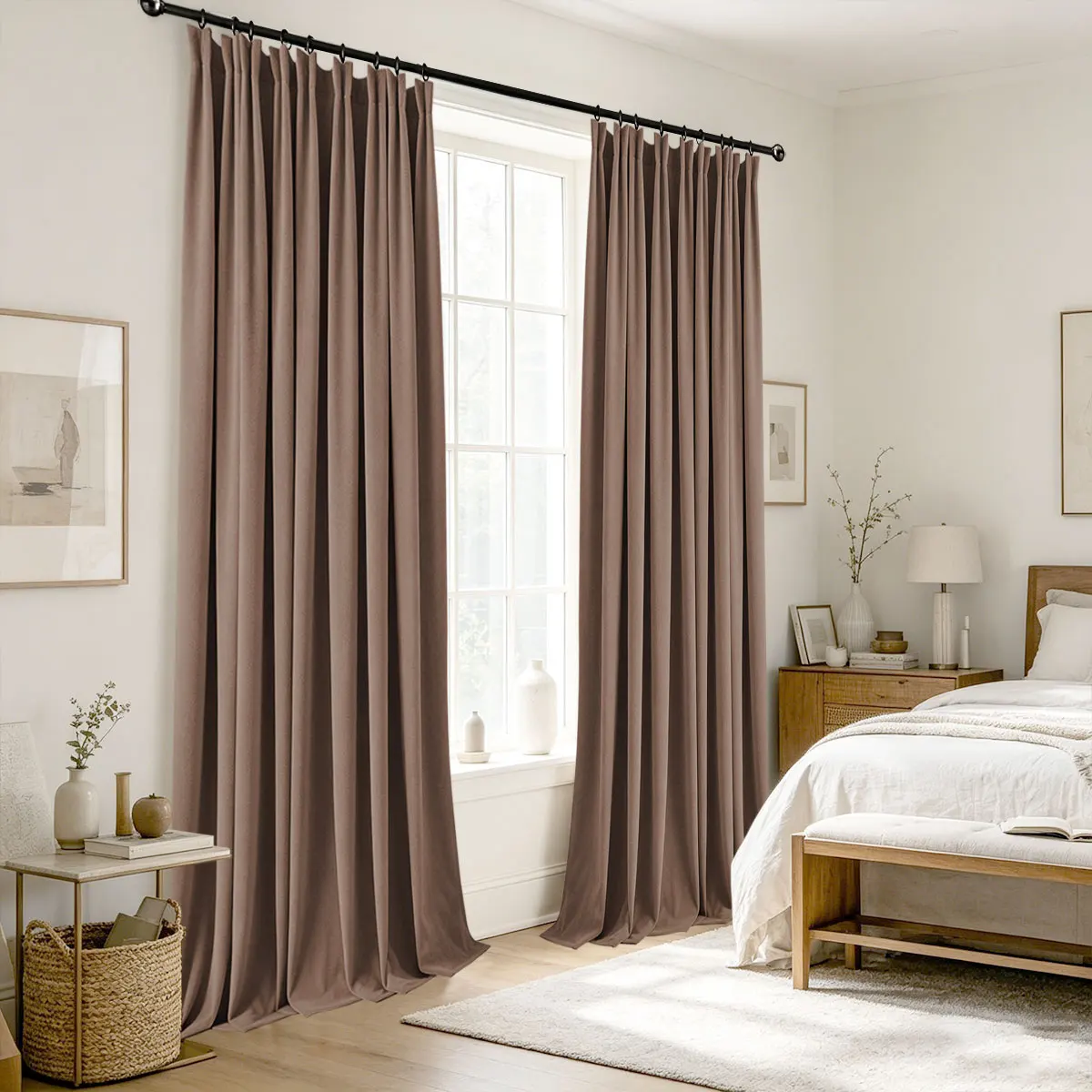 Mocha Brown Velvet Blackout Curtains 2‑Pack, Pinch Pleat Hook Top Drapes for Bedroom Living Room Home Decor