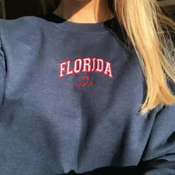 America Florida Letters Embroidered Printing Women Vintage Navy Pullovers Loose Cotton Crewneck Thick Fleece Autumn Sweatshirts