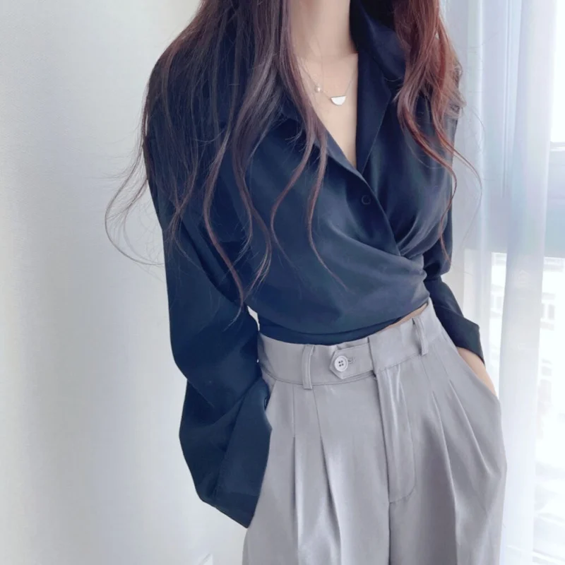 Women Chiffon Shirt Long Sleeve Back Tie Bowknot Waist Closing Unique Chic Short Small Tops