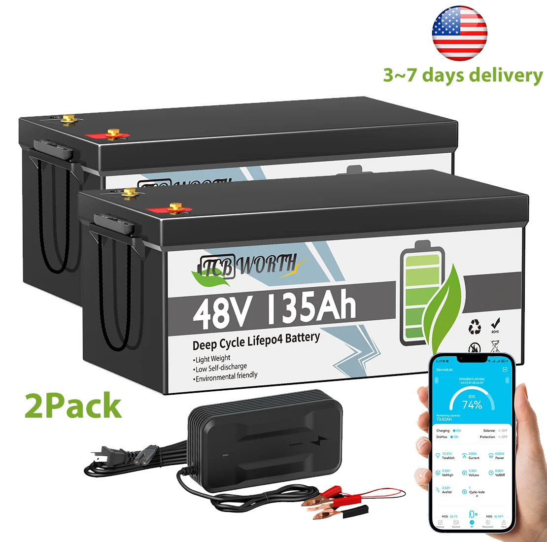 

48V 135Ah Lifepo4 Lithium Battery for Golf Cart,48V Lithium Battery with 200A BMS,Max.10.24KW Power Output,for Trolling Motor