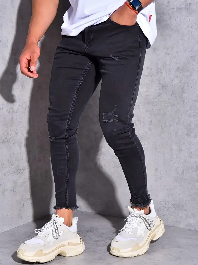 

Versatile black washed plain-colored versatile slim-fit denim pants for men, stretchy and tight, Korean-style trendy casual long