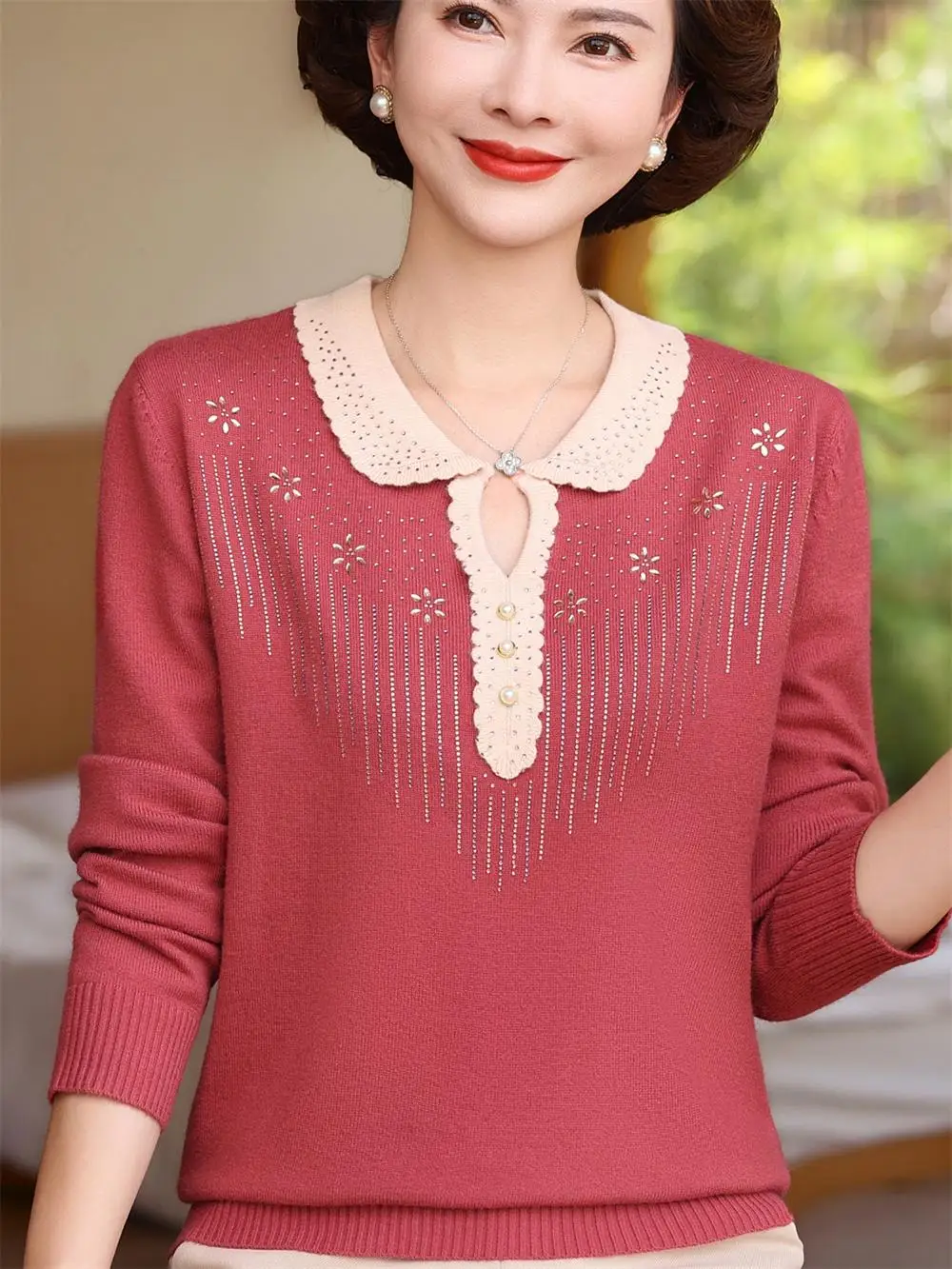 

Faionable Long Sve Ne Knitwear for Middle-Aged And ly Women Spring Autumn Base Layer irt Mom Sle Clothes