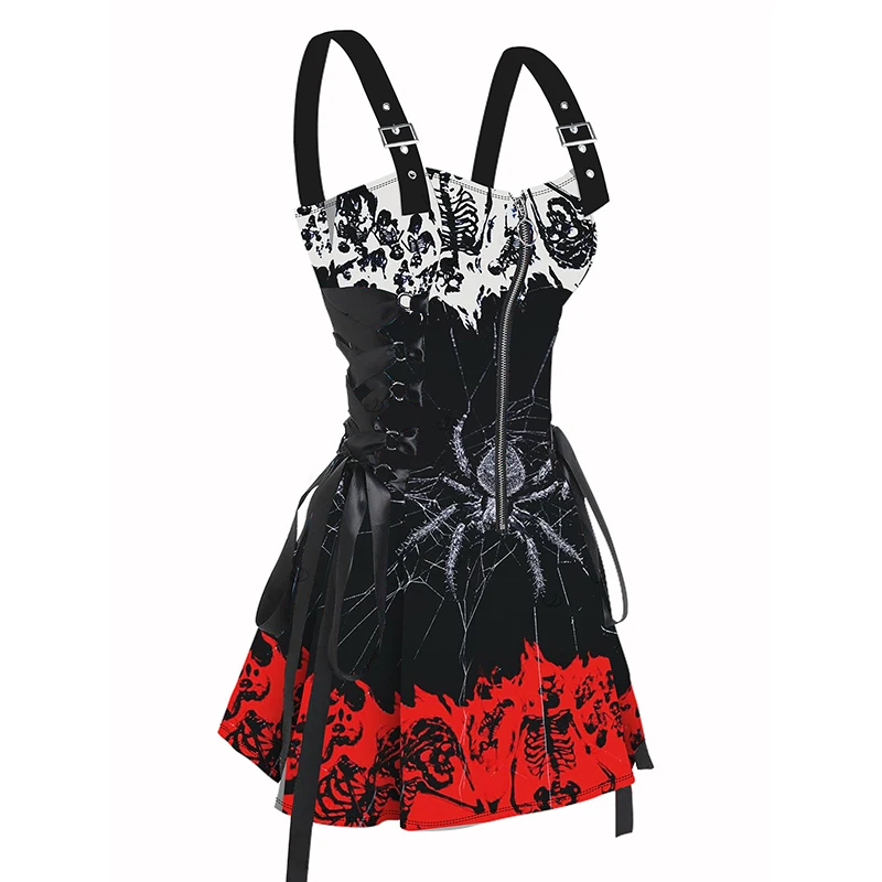 Dressfo Women's Dress Colorblock Spider Skeleton Pattern Lace Up Gothic Dress Half Zipper Grommet Buckle Strap A Line Mini Dress