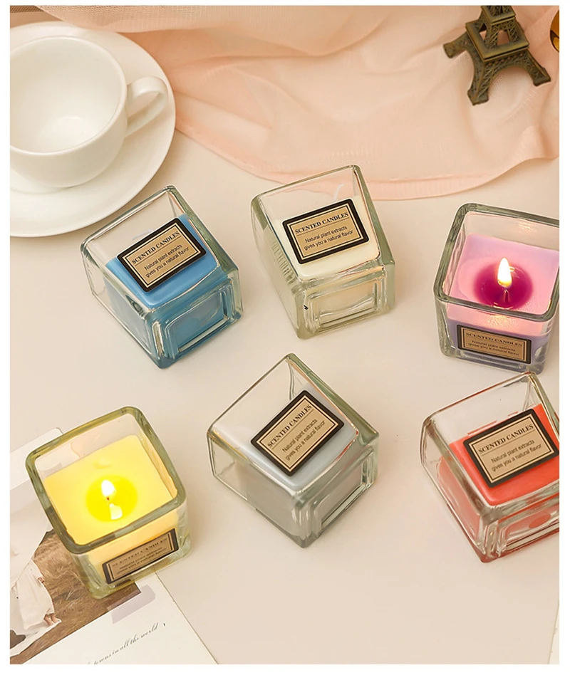 

1 Piece Sweet Orange Aromatic Candle Candy-colored Scented Candle Glass Square Cup Candle Bedroom Home Scented Decoration