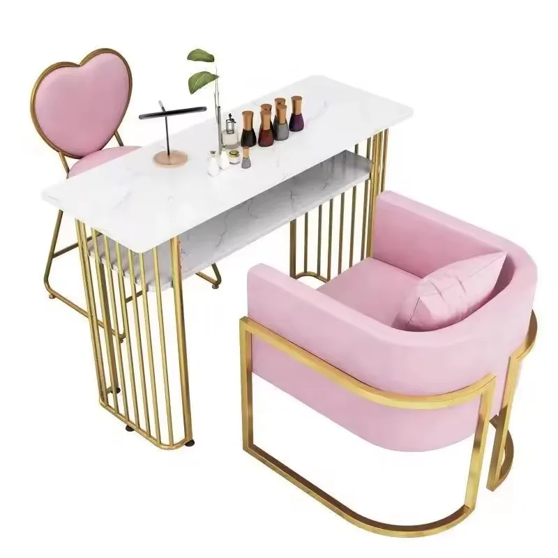 Table à ongles dorée de luxe abordable, table de maquillage minimaliste moderne, table à ongles populaire pour salon de manucure avec chaise rose