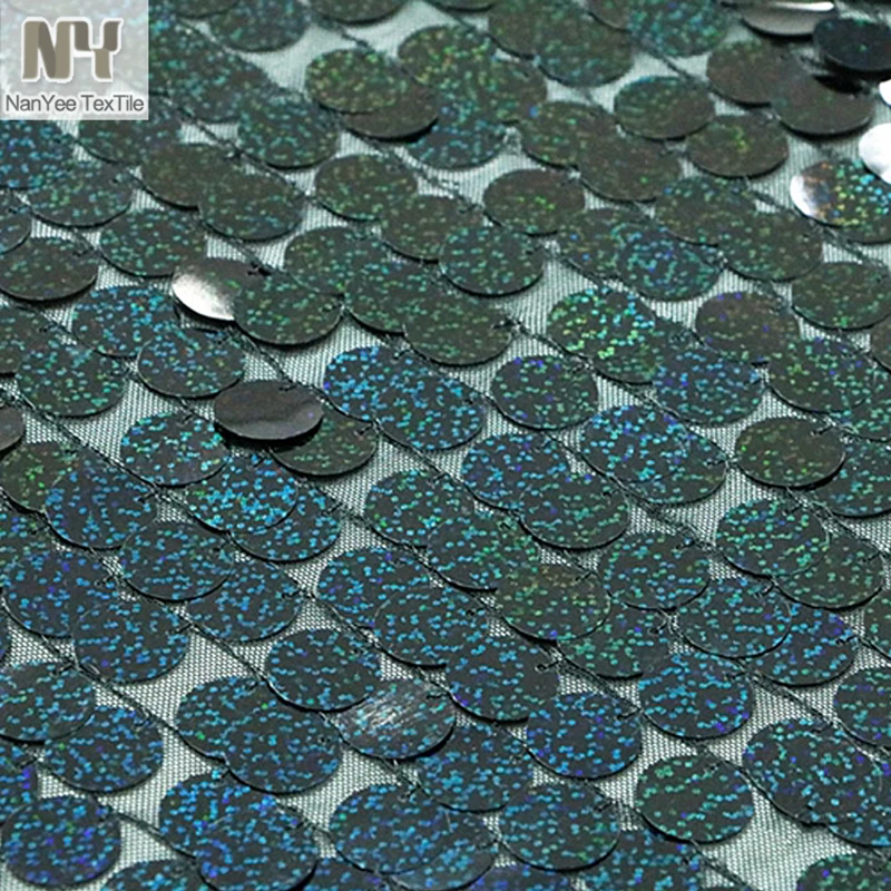 On Sale Big Coin Cheap Dot 18mm Black Hologram Sequins Mesh Fabric Stretch Power Net Holographic For Decoration