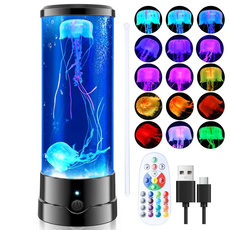 16 Colors Inflatable Color-Changing ABS Night Light Jellyfish Lamp Charm Decoration for Aquarium Acrylic Tank Middle Sizing