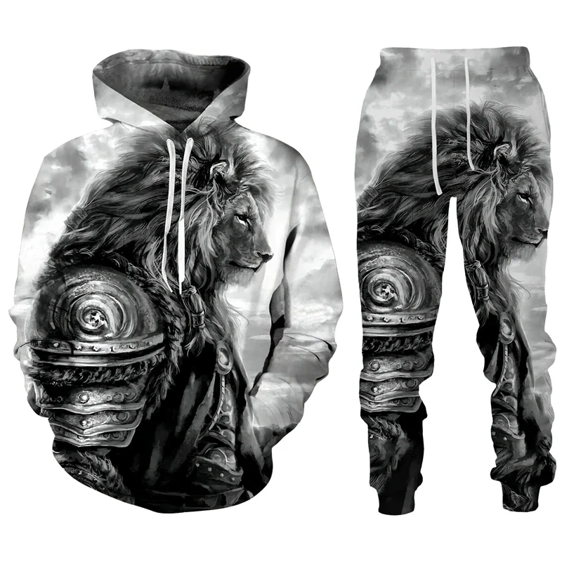 Trend Animal The Lion 3D Print Men\'s Tracksuit Sets Casual Hoodie And Pants 2pcs Sets Oversized Sweatshirt Fashion Men Clothing