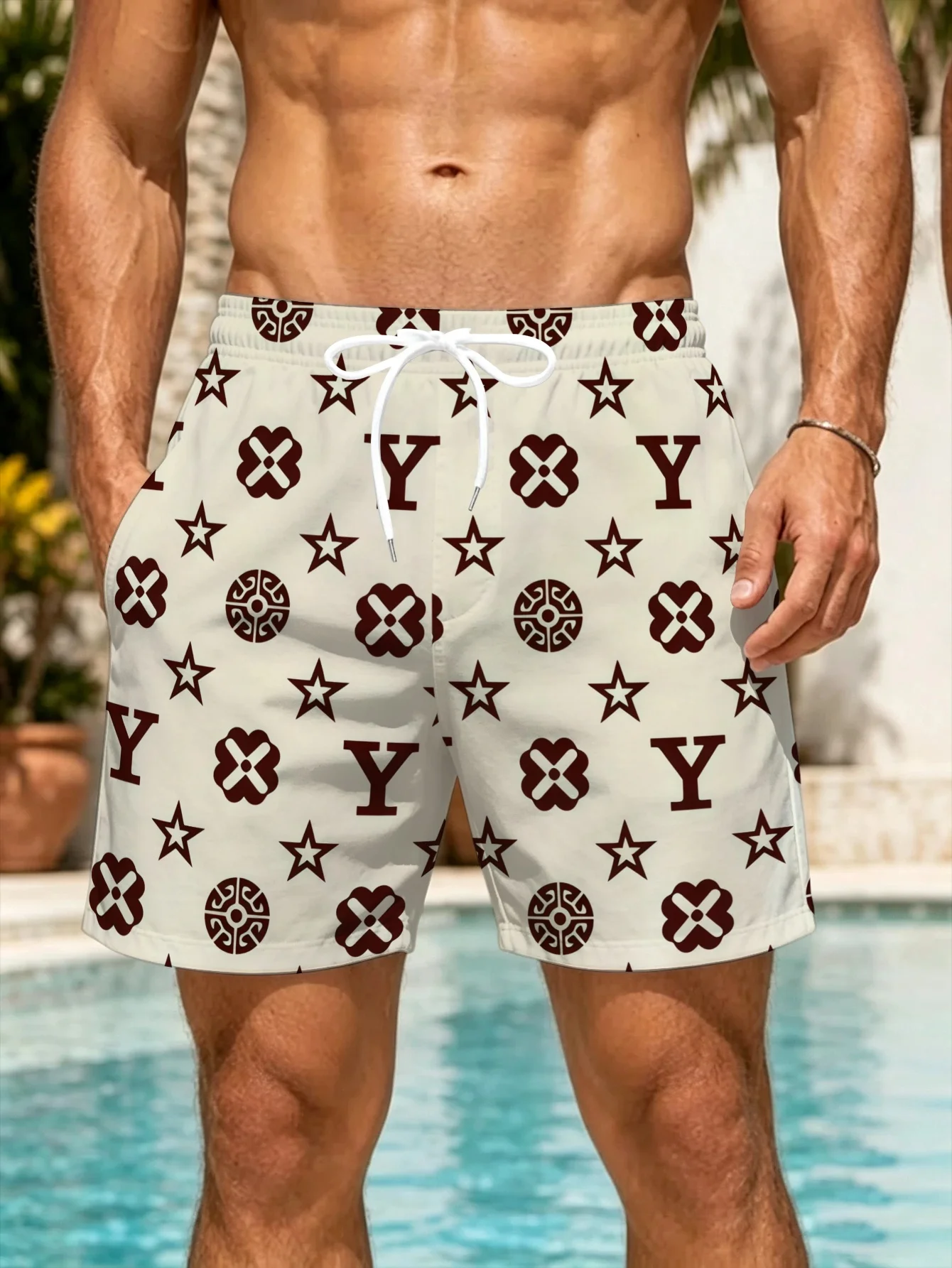 Men's Quick Dry Beach Shorts Star Letter Floral Print Drawstring Elastic Waist Swim Trunks Summer Casual Board Shorts Vacation S