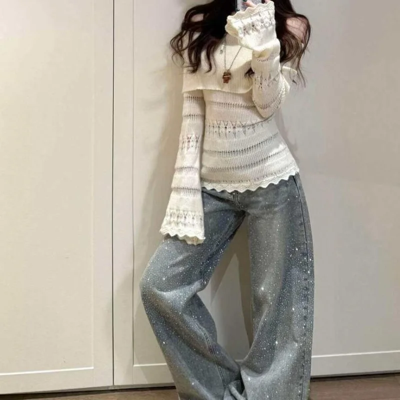 Slash Neck Y2k Women Sweaters Solid Spring Autumn Slim Fit Pullovers Korean Fashion Hollow Out Retro Elegant Pulls Femmes