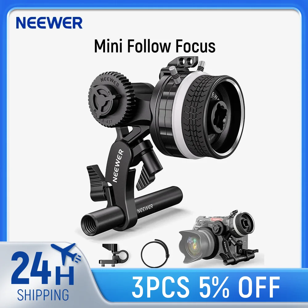 NEEWER Mini Follow Focus with A/B Stops, Lens Gear Ring, 15mm Rod & Rod Clamp for Cinema Camera, DSLR/Mirrorless Camera