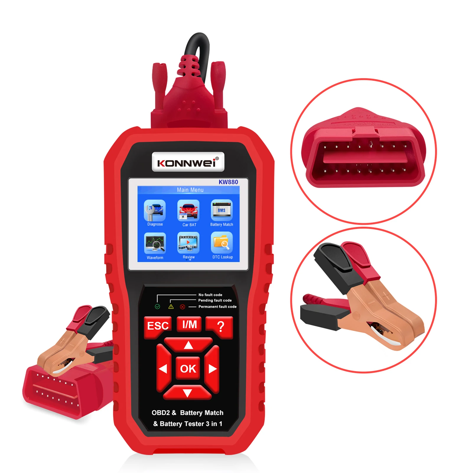 

KONNWEI KW880 Car Battery Match Car OBDII Diagnostic Fault Scanner for 6V-12V Motorcycle Battery &Test Universal Battery Tester