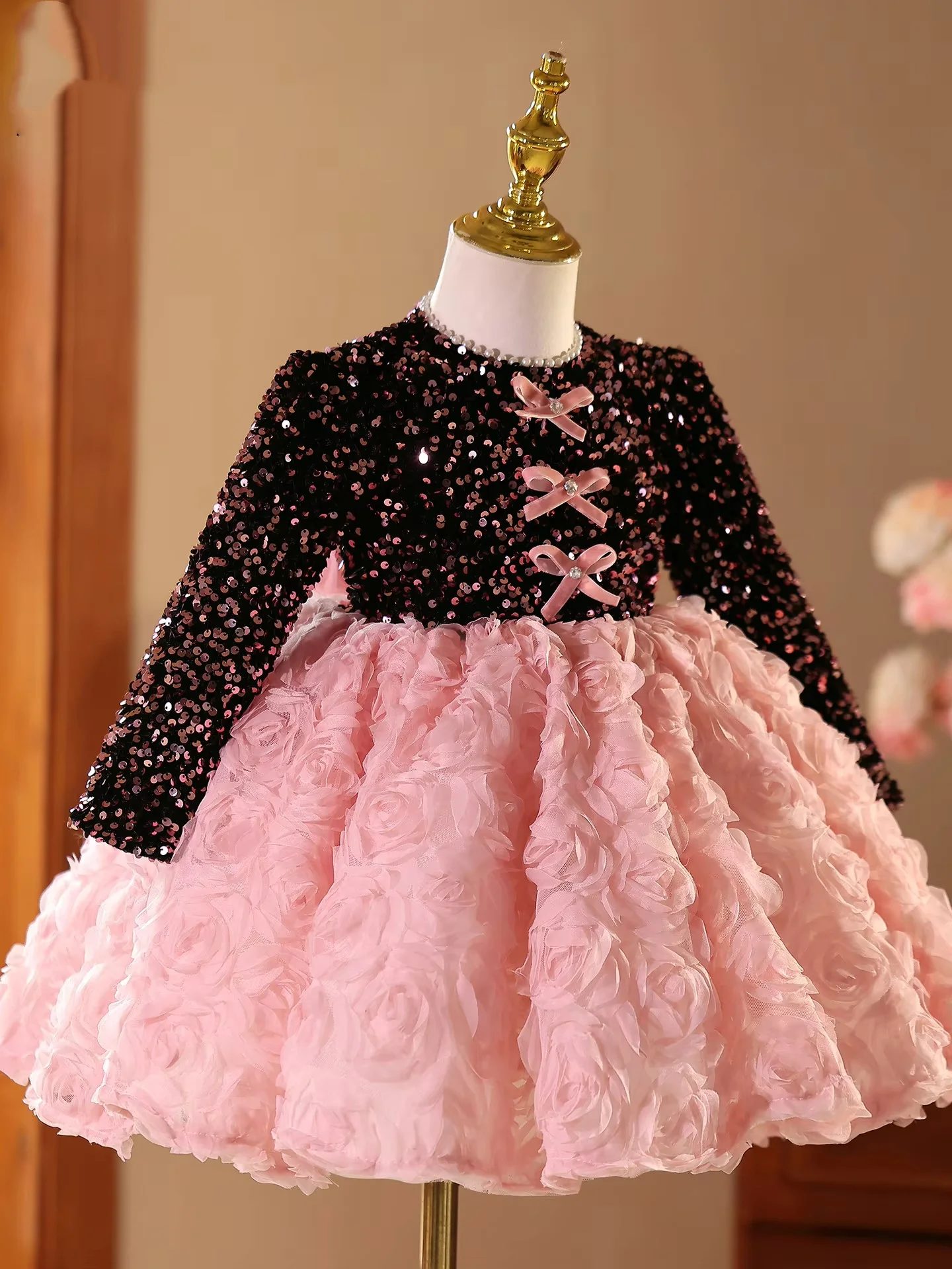 JDY Custom Pink Rose Evening Gown Children's Host Piano Performance Dr Princ Skirt for Girls Bla And Pink Rose Design