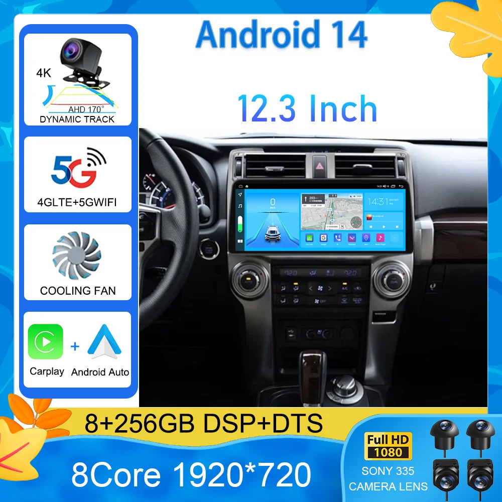 Android 14 Car Radio 12.3inch  For Toyota 4Runner 4 Runner 2014-2019 Multimedia Player GPS WIFI BT Stereo QLED No 2 din DVD