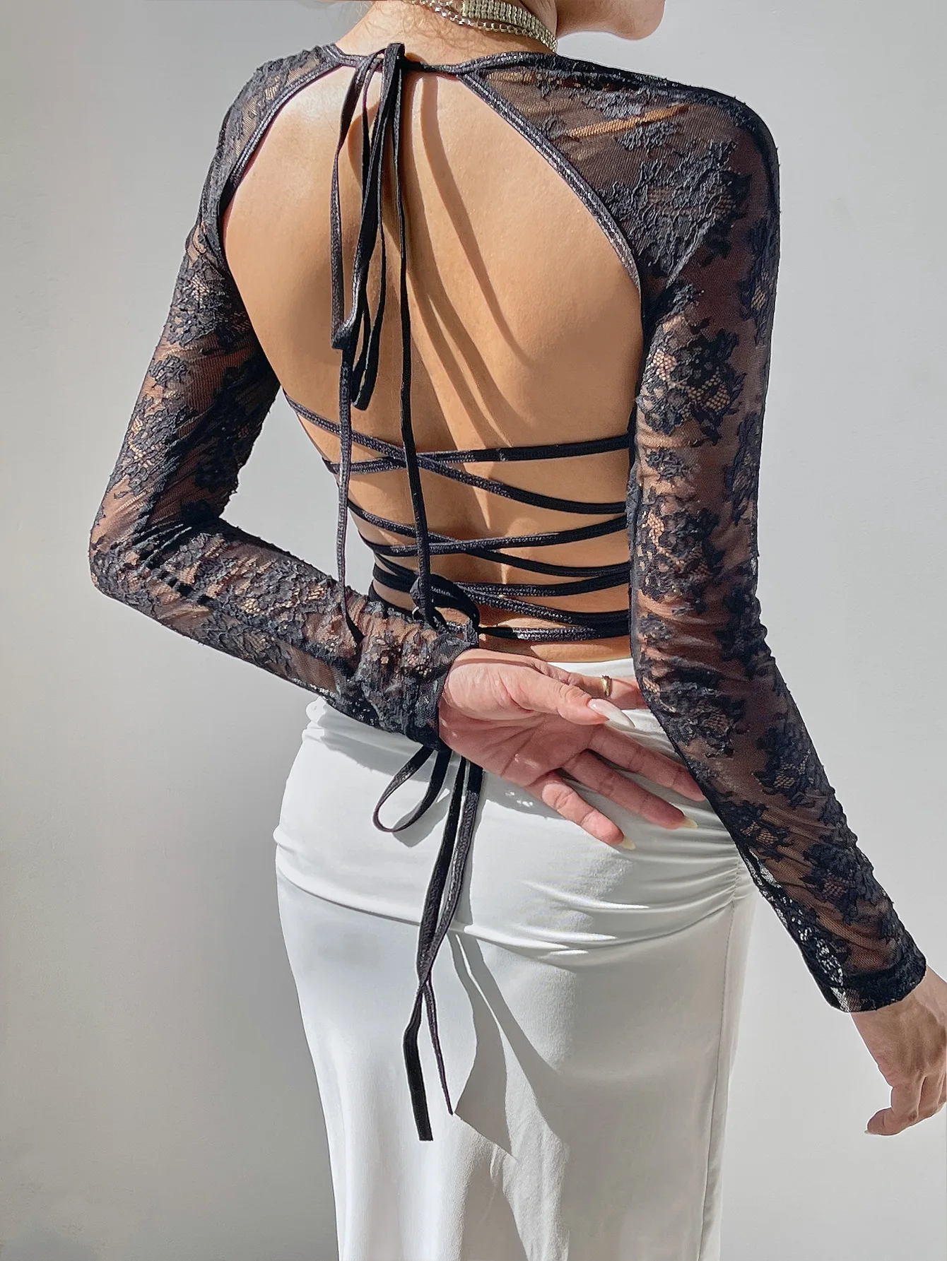 Women Sexy Sheer Lace Jumpsuits Back Cross Lace-up Long Sleeves Bodysuit Slim Fit Shapewear Top Fashion Hollow Bodyshaper Onesie