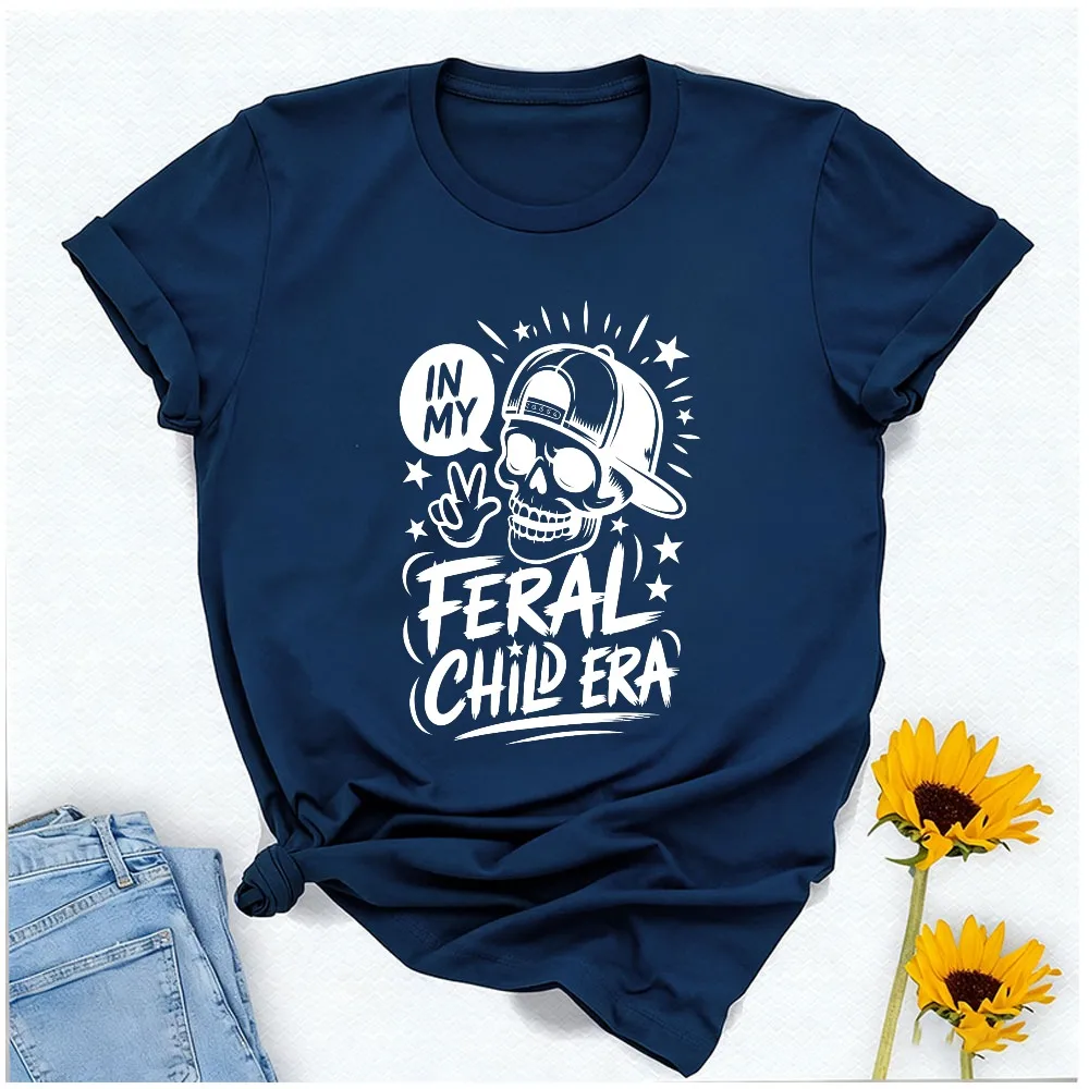 In My Feral Child Era Graphic T Shirt Cool Skull with Cap Peace Sign Stars Retro Sketch Funny Sarcastic Quote Edgy Aesthetic Tee
