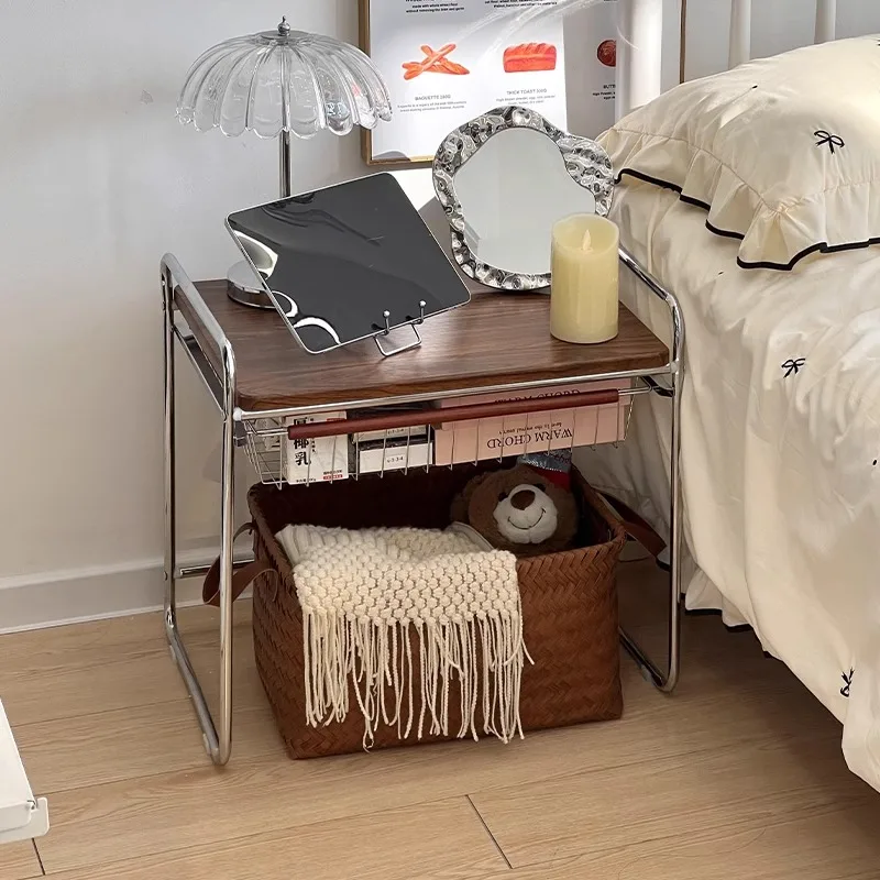 Vintage Stainless Steel Bedside Table Retro Bedroom Nightstand Living Room Side Shelf Rustic Bedside