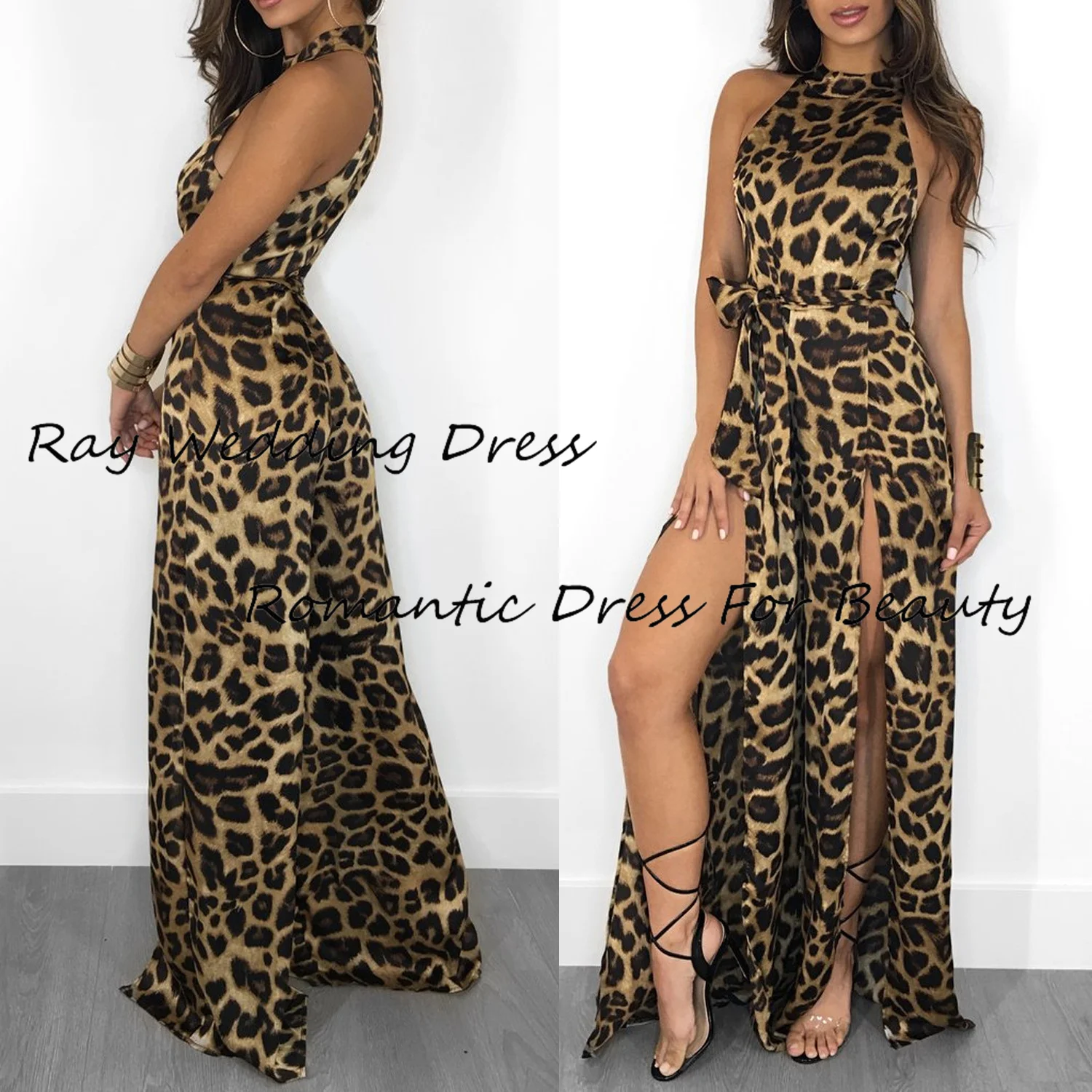 Vestido de cóctel Sexy de una línea para mujer, cuello Halter, leopardo sin mangas con abertura lateral alta, hasta el suelo, vestidos formales de fiesta de noche