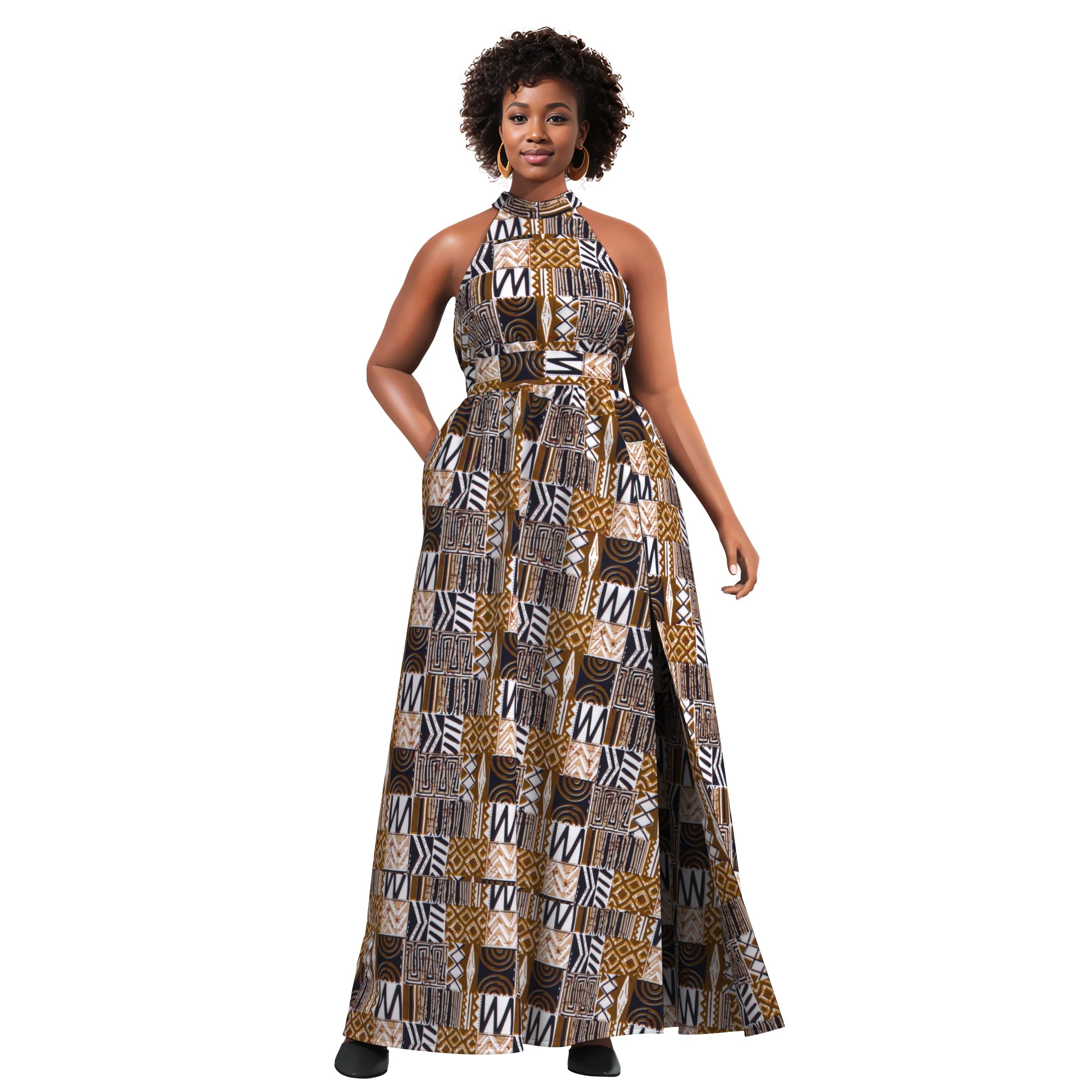 African Women’s Ankara Print Halter Maxi Dress Sleeveless High Waist Side Slit Long Formal Gown Geometric Tribal Pattern wy10546