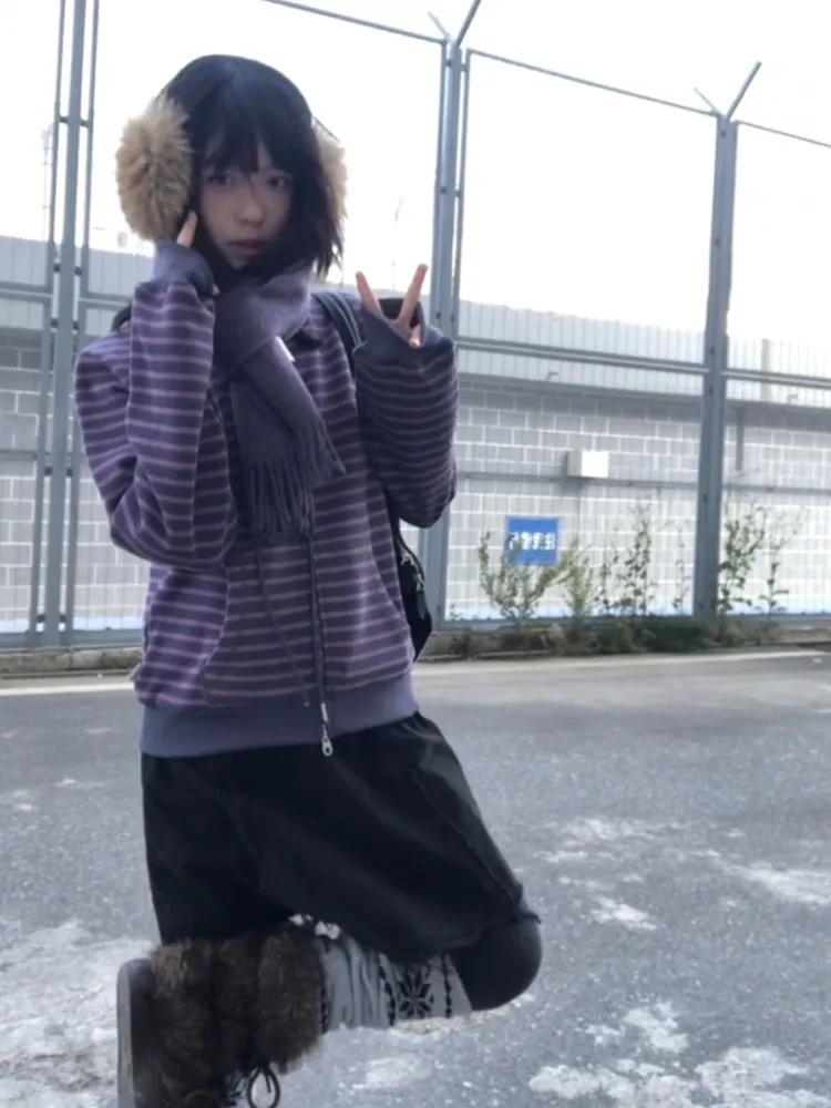 Retro y2k roxo listrado zíper hoodie feminino outono inverno carta bordado tamanho pequeno casual aberto cardigan jaet