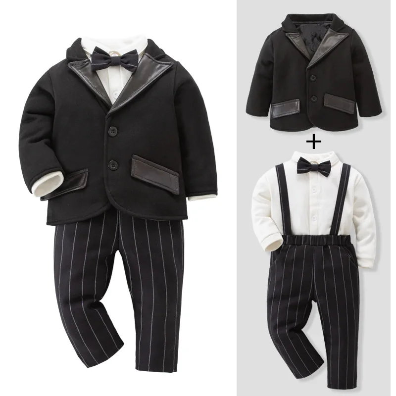 New Winter Boys Gentleman Suit Set Baby Romper Suspenders Tuxedo Blazer Jacket Beret Hat 4 Piece Outfit Formal Christening Party