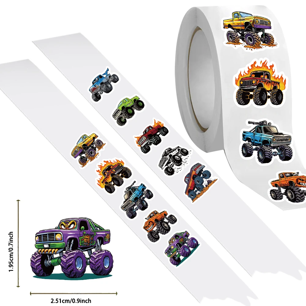 500PCS Monster Truck Stickers Kids Cartoon Truck Car Stickers Roll Cute Car Decals 10 Styles Cars Kindergarten Teacher Stickers