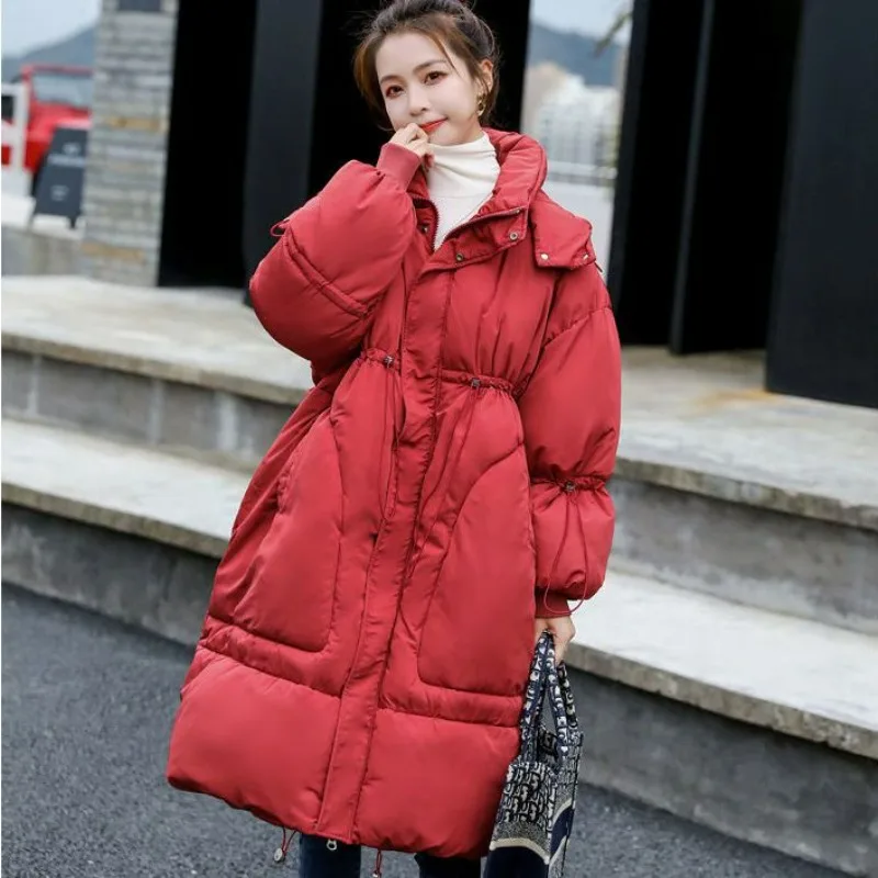 

2023 New Women Down Cotton Coat Winter Jacket Female Mid Length Version Parkas Loose Warm Outwear Hooded Large Size Overcoat