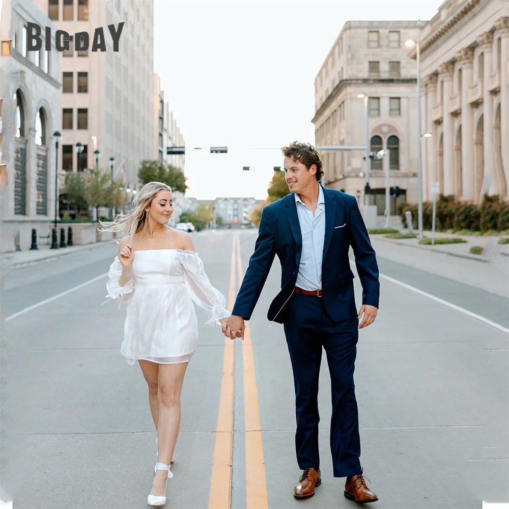 

Simple Short A-Line Wedding Dresses Long Sleeves Strapless Open Back Organza Above-Knee Bridal Gown Vestido De Noiva Customized