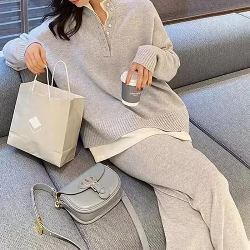 Two Piece Skirt Set Women 2024 Autumn Loose Casual Sweater Wide Leg Pant Sets Knitted Suit New in Matching Sets Women\'s Clothing