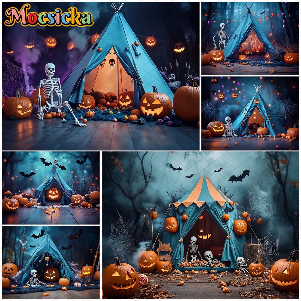 

Mocsicka Halloween Photography Backdrops Jack-O-Lantern Party Background Pumpkin Night Terror Forest Tent Skeleton Decors Banner