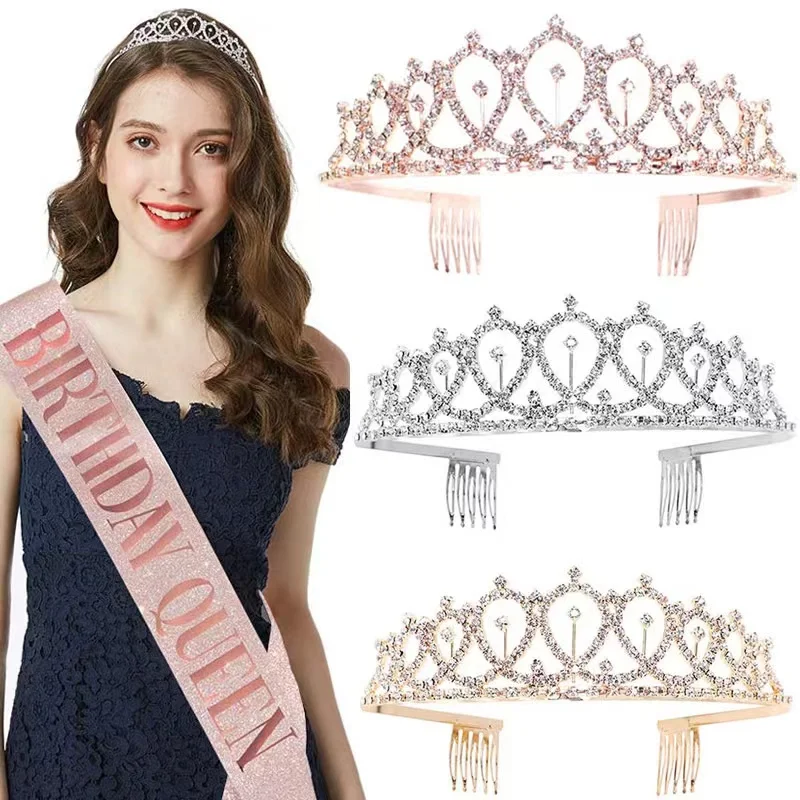 Bling Rhinestone Crystal Crown Tiara Birthday Girl Queen Sash and Crown for Women Birthday Party Decoration Kit