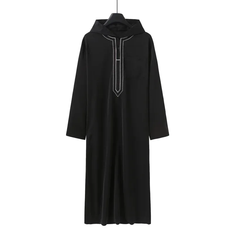 Eid Ramadan Muslim Men'S Hooded Thobe Long Robe Embroidered Islamic Black Casual Gown Open Front Design For Comfortable Wear