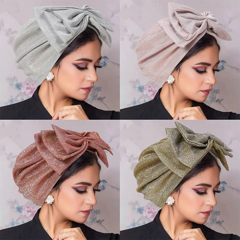 Hand-sewn Glitter Big Bow Turban Hat Muslim Shiny Women Casual Headscarf Hat