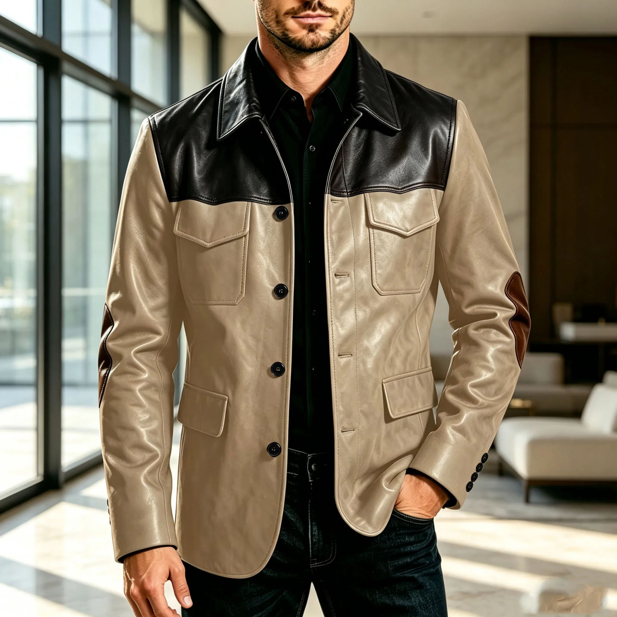 Men's Two Tone Leather Blazer Elbow Suede Patch Lapel Collar Slim Fit Multi-Pocket Casual Suit Jacket Business Streetwear Party