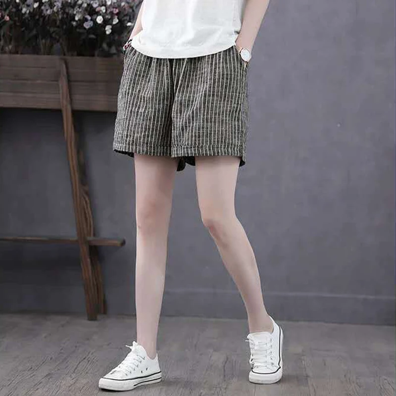 Shorts feminino casual solto de perna larga listrado, moda japonesa, verão