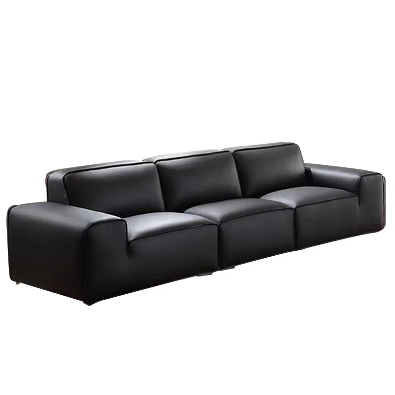 

Italian minimalist leather big black cow electric sofa first layer cowhide straight row electric sofa bed